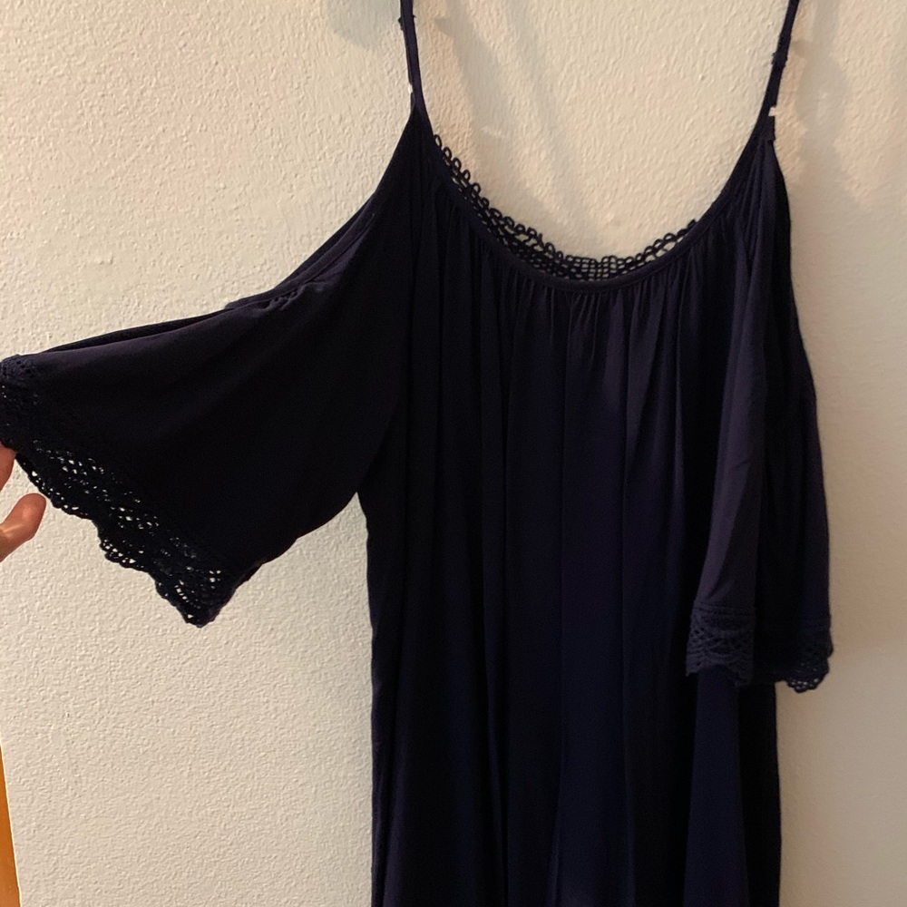 Navy blue cold shoulder mini dress with lace back detailing, M, worn twice